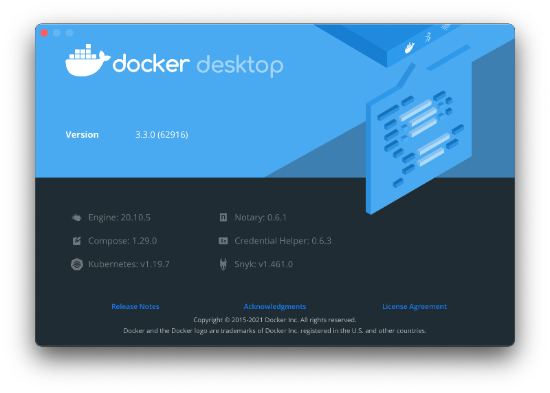 L'interface de Docker Desktop avec la version de ses composants