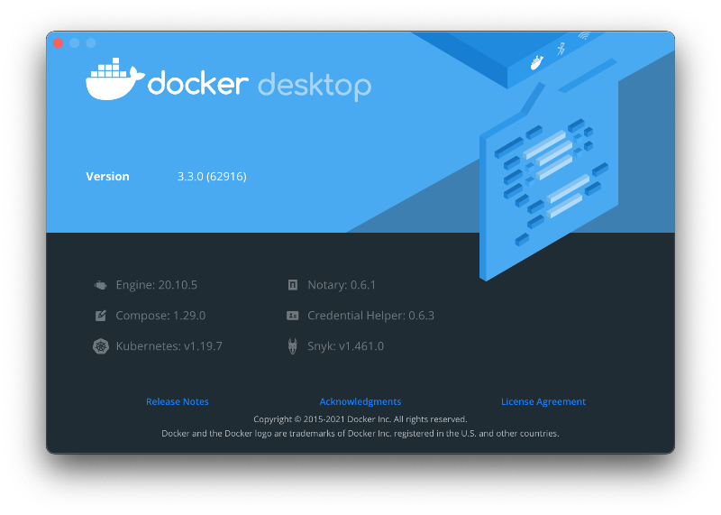 Docker Desktop interface with components version